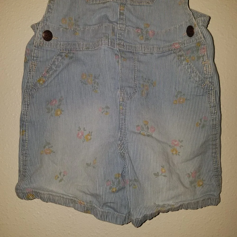 VTG OshKosh Floral Shortalls 5T Toddler Girl Shorts Overalls Blue Stripes FADING